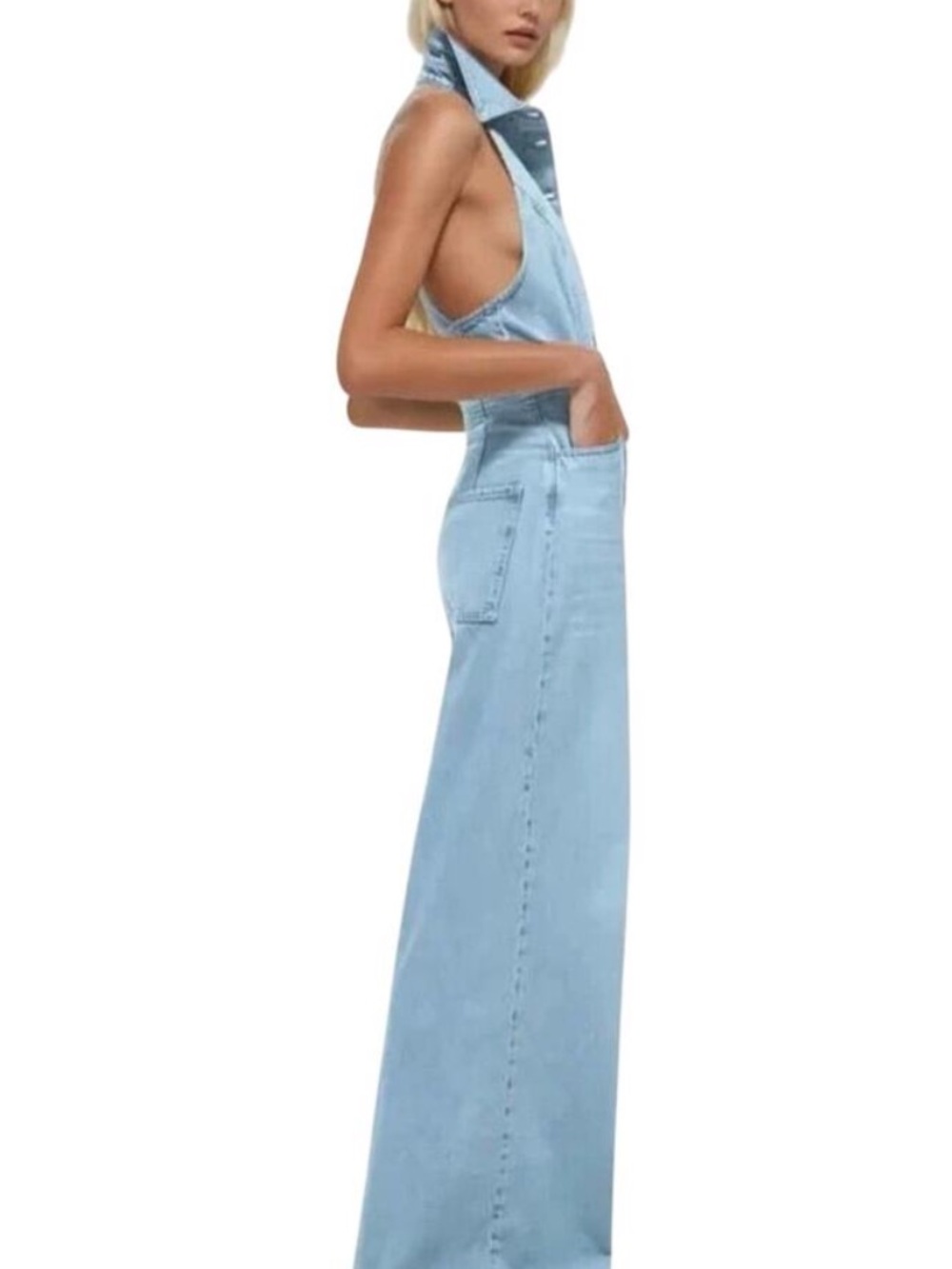 Halter Wide Leg Denim Jumpsuit